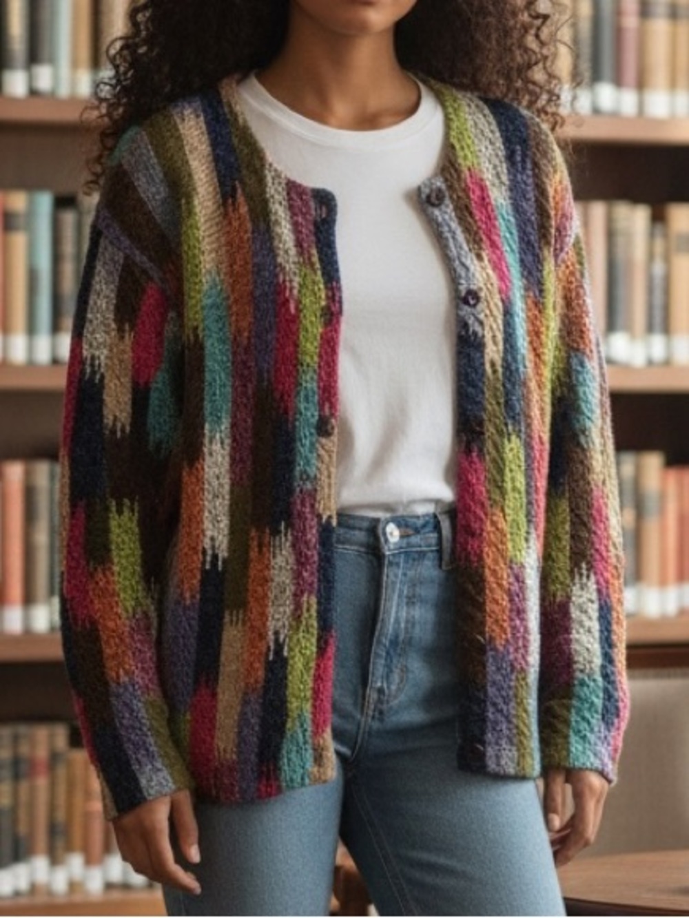 Vintage JANE’S CLOSET sweater cardigan, multi colored, Size Small, cotton ramie